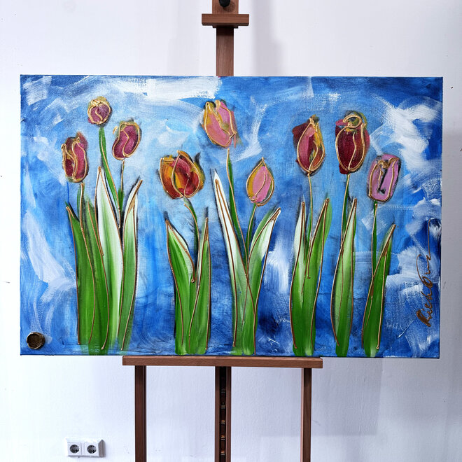Schilderij -80x120 cm - Tulip dream - Sky Blue & Gold - #8