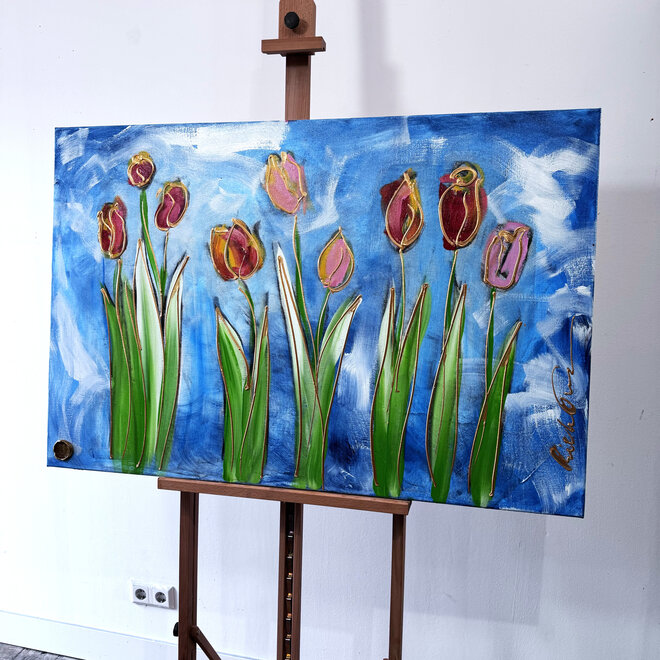 Schilderij - 80x120 cm - Rick Triest - Tulip dream - Sky Blue & Gold - #8