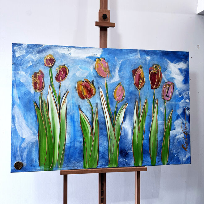 Schilderij - 80x120 cm - Rick Triest - Tulip dream - Sky Blue & Gold - #8