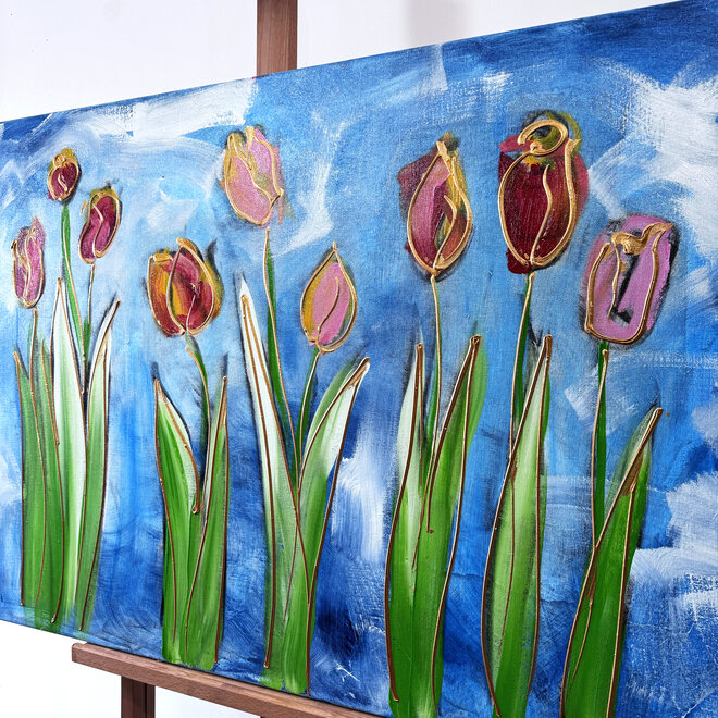 Schilderij - 80x120 cm - Rick Triest - Tulip dream - Sky Blue & Gold - #8