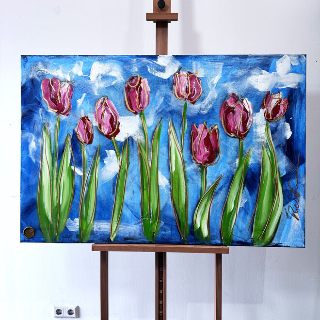 Painting -80x120 cm - Tulip dream - Sky Blue & Gold - #6