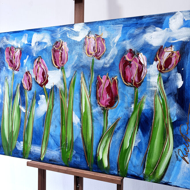 Schilderij - 80x120 cm - Rick Triest - Tulip dream - Sky Blue & Gold - #6
