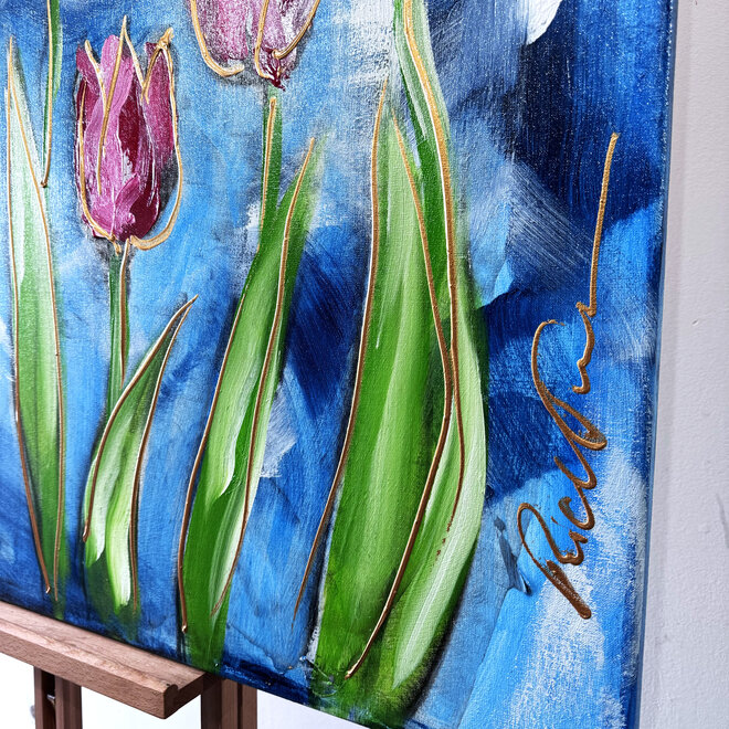 Schilderij - 80x120 cm - Rick Triest - Tulip dream - Sky Blue & Gold - #6