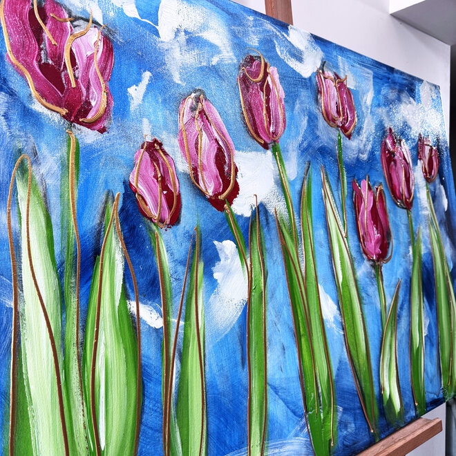 Schilderij - 80x120 cm - Rick Triest - Tulip dream - Sky Blue & Gold - #6