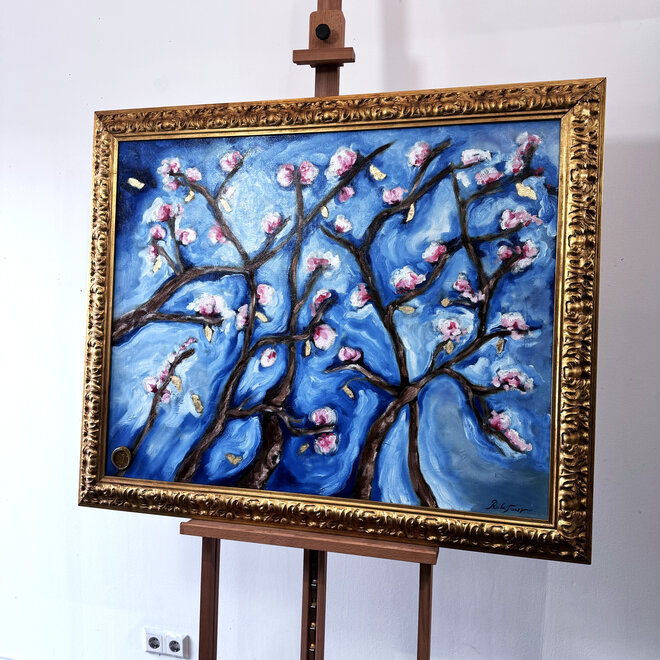Olieverf schilderij- Rick Triest - 80x100 cm - Amandelbloesem - Starry Night & pink -6 - met lijst