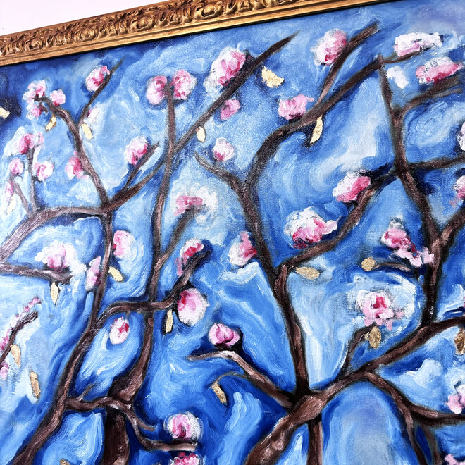 Olieverf schilderij- Rick Triest - 80x100 cm - Amandelbloesem - Starry Night & pink -6 - met lijst