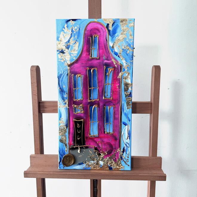 Schilderij- 30x60 cm  - Amsterdams huisje -Blue & Gold #8