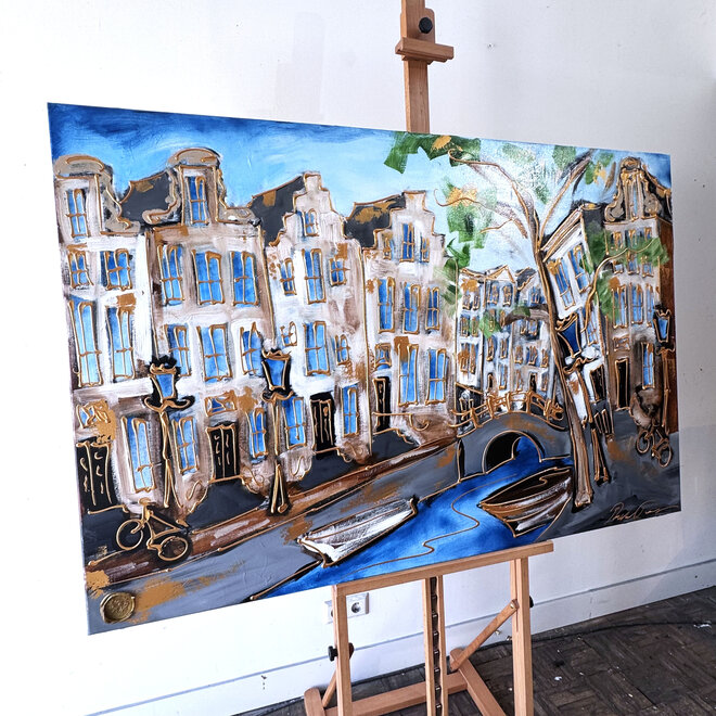 Schilderij- 100x150cm - Rick Triest - Amsterdam Herengracht -Blue & Gold #250