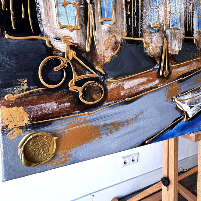 Schilderij- 100x150cm - Rick Triest - Amsterdam Herengracht -Blue & Gold #250