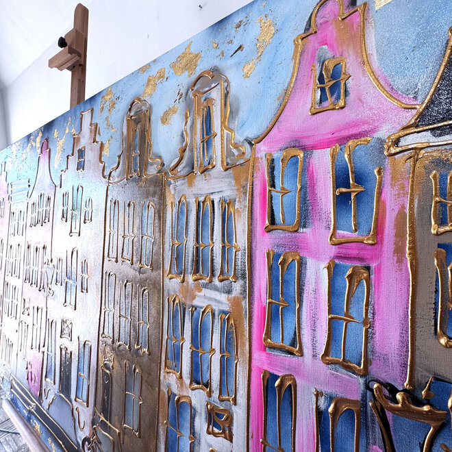 Painting- 100x200cm - Amsterdam Herengracht -Blue & Gold - XL - Pink