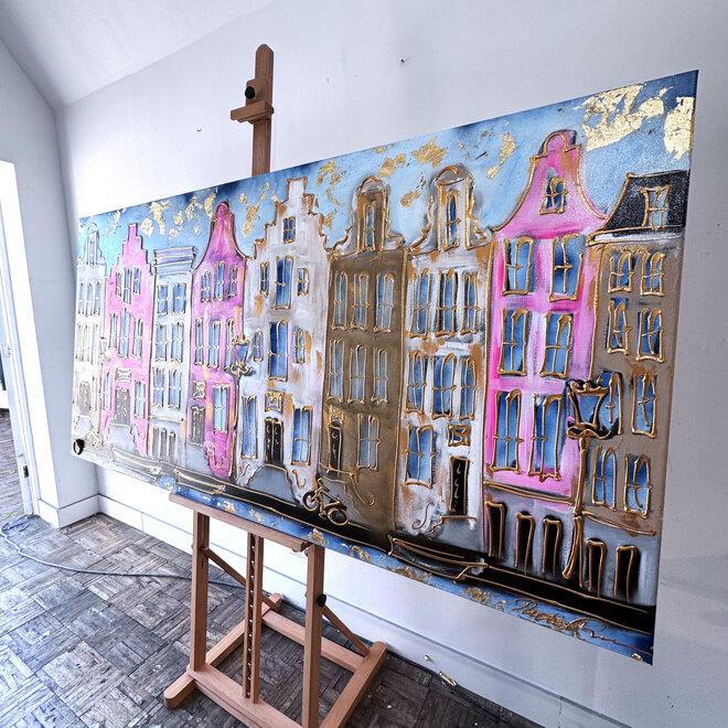 Painting- 100x200cm - Amsterdam Herengracht -Blue & Gold - XL - Pink
