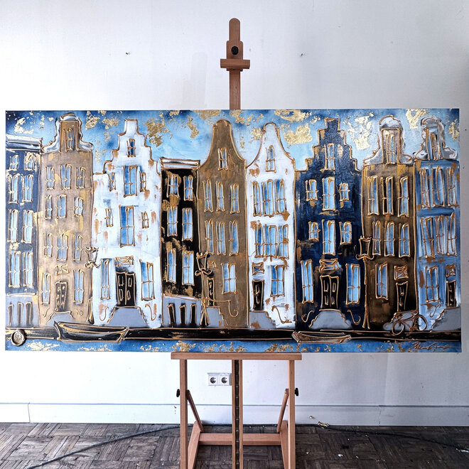 Painting- 100x200cm - Amsterdam Herengracht -Blue & Gold - XL -2