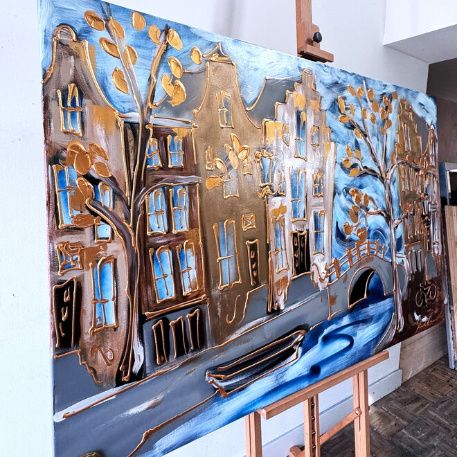 Schilderij- 100x150cm - Rick Triest - Amsterdam Herengracht -Blue & Gold #259