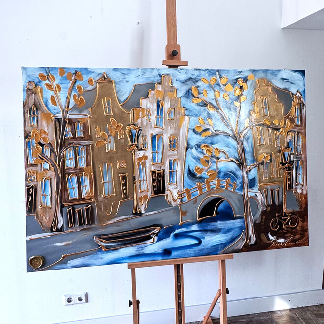 Schilderij- 100x150cm - Rick Triest - Amsterdam Herengracht -Blue & Gold #259