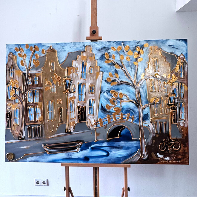 Schilderij- 100x150cm - Rick Triest - Amsterdam Herengracht -Blue & Gold #259