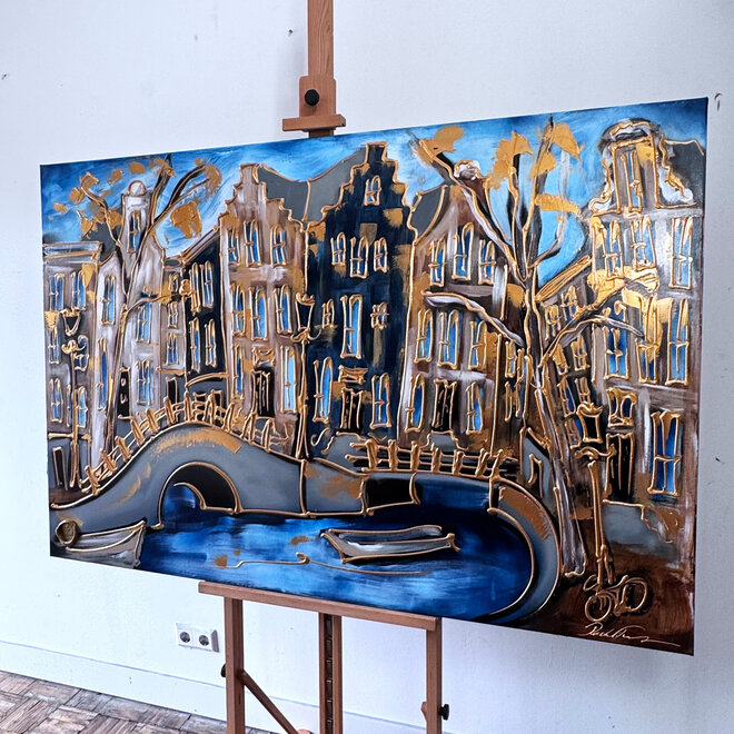 Schilderij- 100x150cm - Rick Triest - Amsterdam Herengracht -Blue & Gold #257