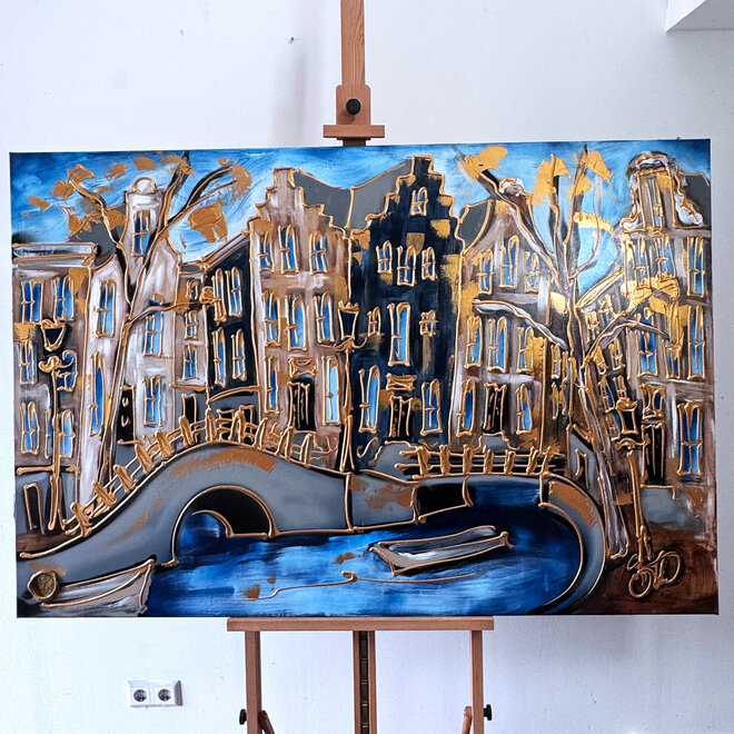 Painting- 100x150cm - Amsterdam Herengracht -Blue & Gold #257