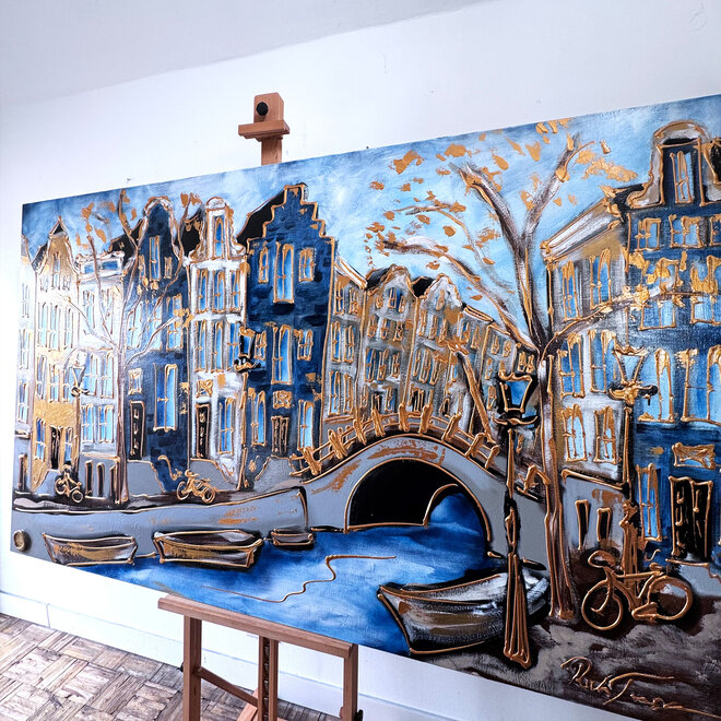 Schilderij- Rick Triest - 120X200cm - Amsterdam Prinsengracht - Prussian blue