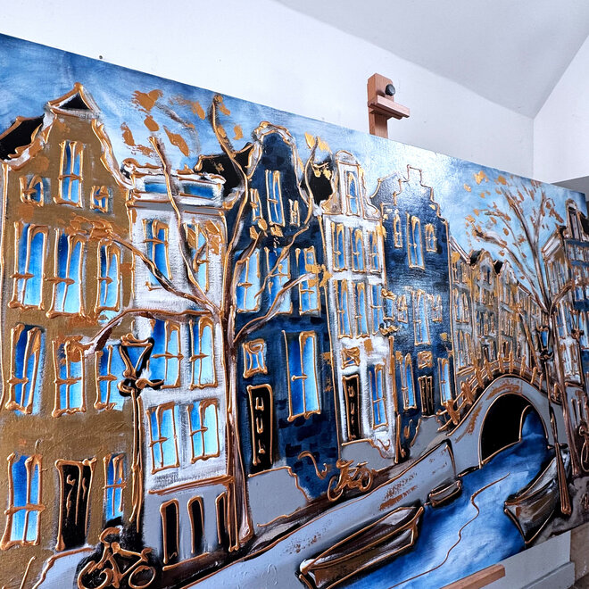 Schilderij- Rick Triest - 120X200cm - Amsterdam Prinsengracht - Prussian blue