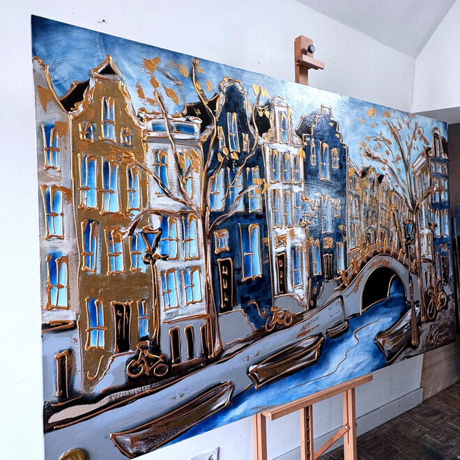 Schilderij- Rick Triest - 120X200cm - Amsterdam Prinsengracht - Prussian blue