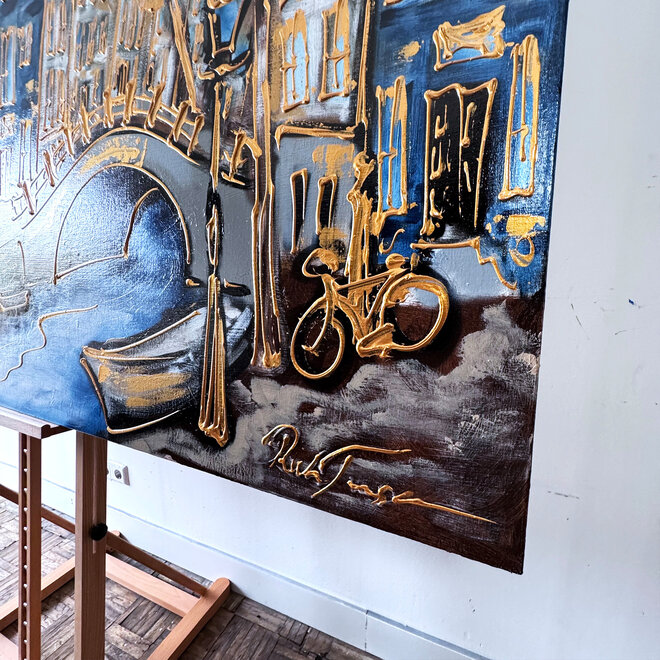 Schilderij- Rick Triest - 120X200cm - Amsterdam Prinsengracht - Prussian blue