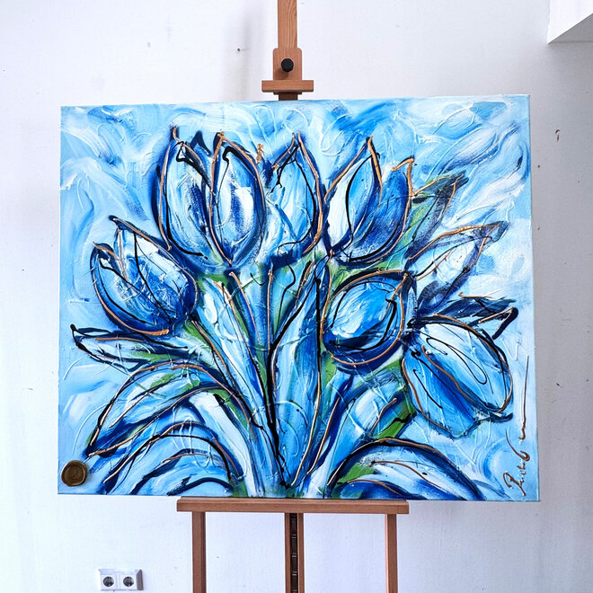 Painting -100x120 cm - contemporary Delft blue -XL Tulips #3