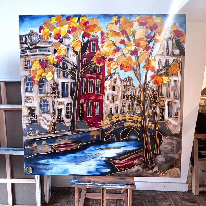 Schilderij- 140x140x2,5cm - Rick Triest - Amsterdam Prinsengracht - 4 seizoenen - Herfst #1
