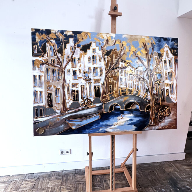 Schilderij- 100x150cm - Rick Triest - Amsterdam Herengracht -Blue & Gold #261