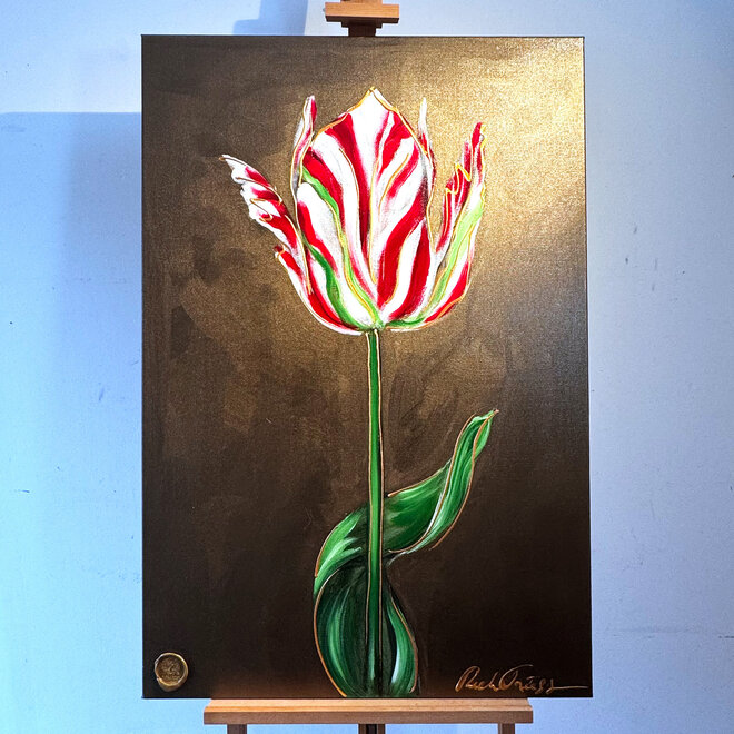 Schilderij - 80x120 cm - Rick Triest - Tulpenmanie -Bronze paint - Papegaai tulp rood - #1
