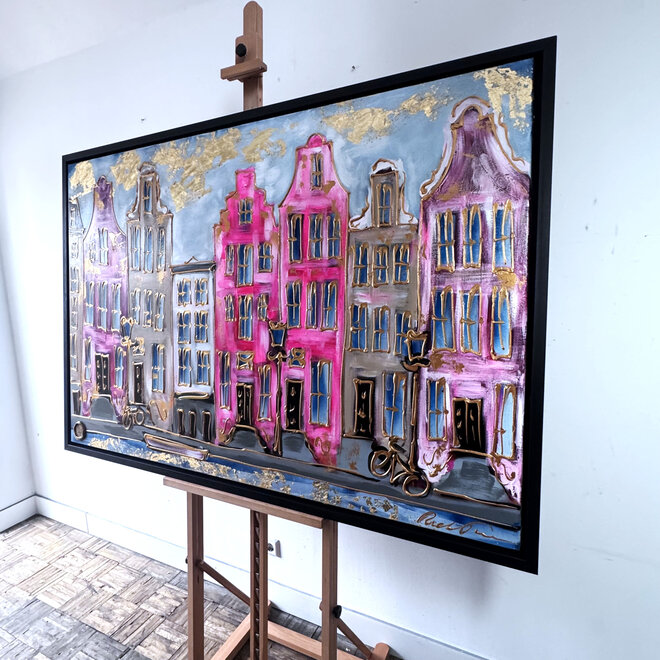 Schilderij- 100x150cm - Rick Triest - Amsterdam Herengracht -Blue & Gold #264