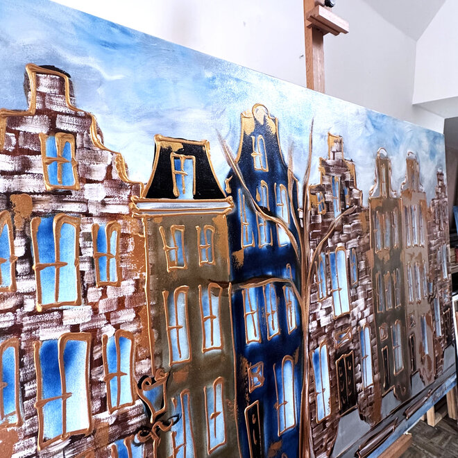 Schilderij- 100x150cm - Rick Triest - Amsterdam Herengracht -Blue & Gold #268