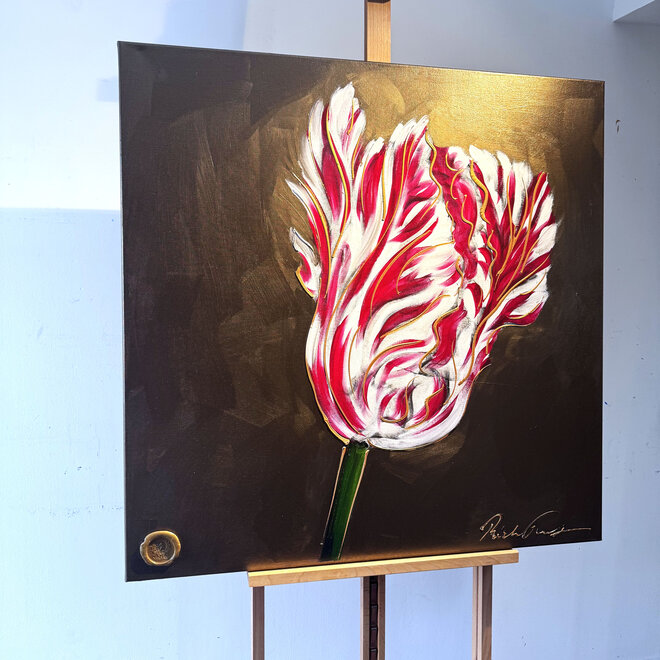 Schilderij - 100x100 cm - Rick Triest - Tulpenmanie -Bronze paint - Papegaaien Tulp #9