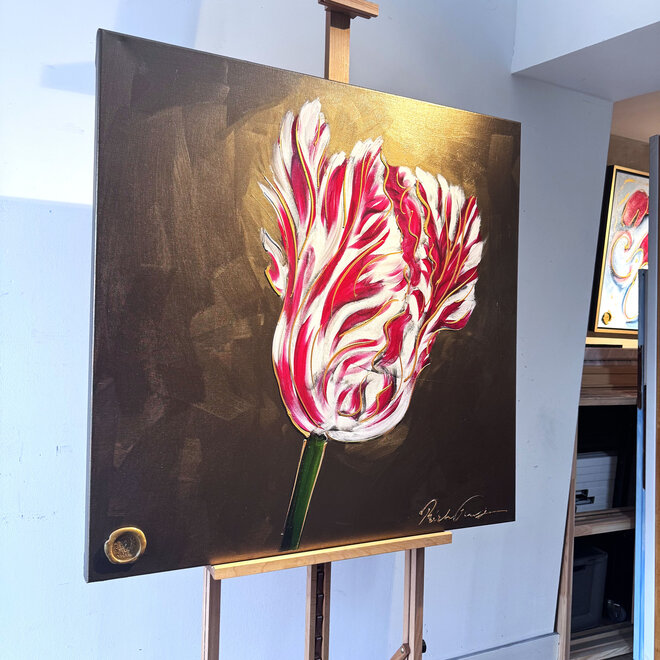 Schilderij - 100x100 cm - Rick Triest - Tulpenmanie -Bronze paint - Papegaaien Tulp #9