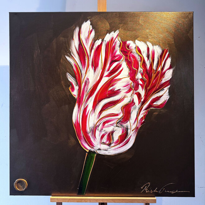 Schilderij - 100x100 cm - Rick Triest - Tulpenmanie -Bronze paint - Papegaaien Tulp #9