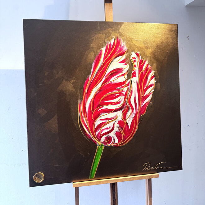 Schilderij - 100x100 cm - Rick Triest - Tulpenmanie -Bronze paint - Papegaaien Tulp #11