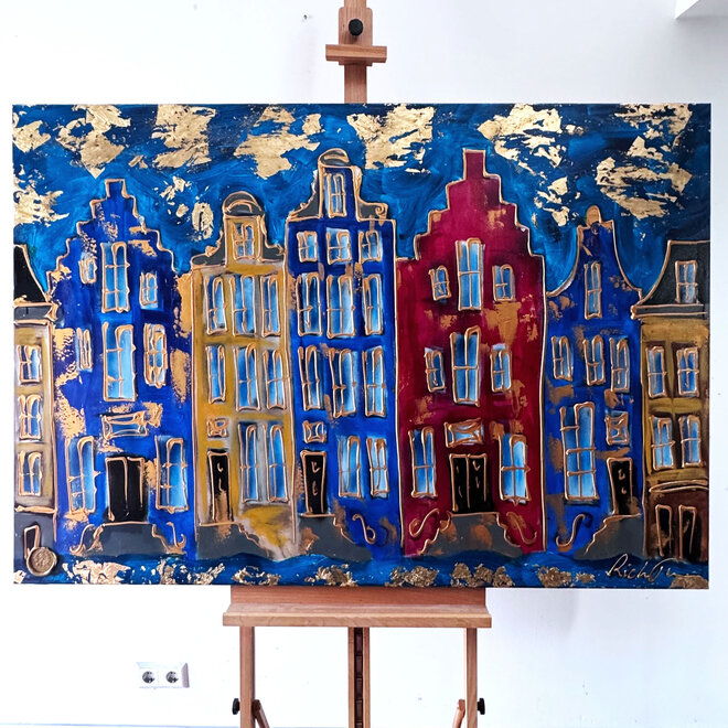 Painting- 100x150cm - Amsterdam Herengracht -Blue & Gold #273