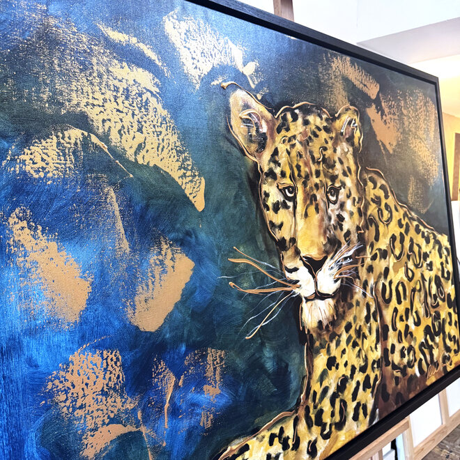 Schilderij- 100x150cm - Rick Triest - Gold of the Savanne - Luipaard in oker