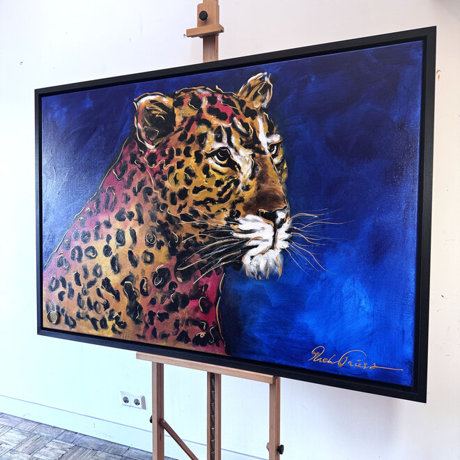 Painting- 100x150cm - Rick Triest - Gold of the Savanne - Luipaard in midnight Blue