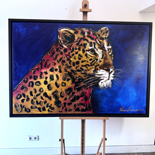 Painting- 100x150cm - Rick Triest - Gold of the Savanne - Luipaard in midnight Blue