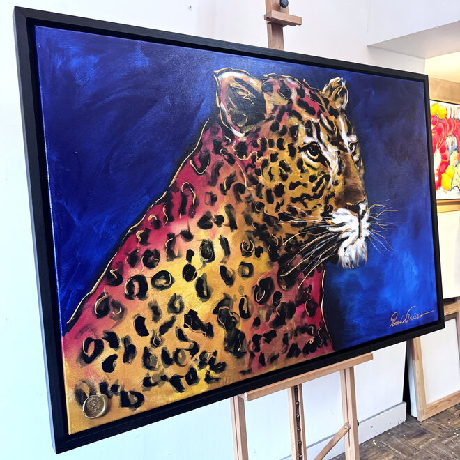 Painting- 100x150cm - Rick Triest - Gold of the Savanne - Luipaard in midnight Blue