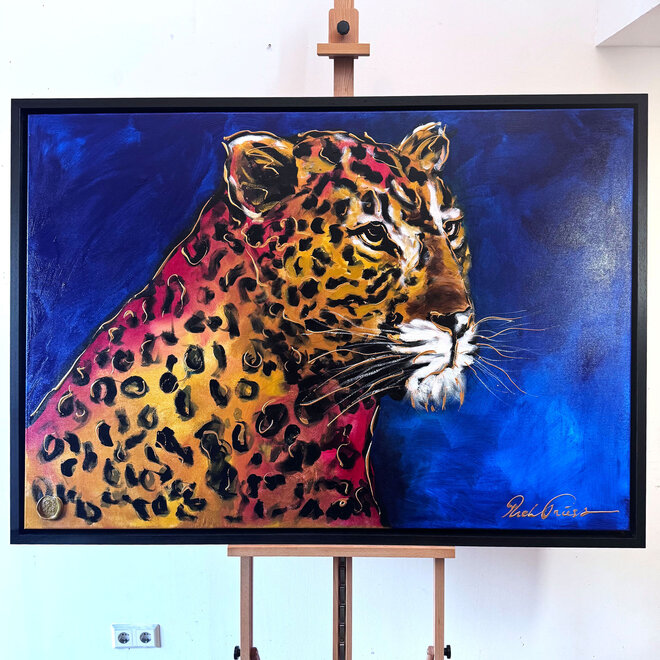 Painting- 100x150cm - Rick Triest - Gold of the Savanne - Luipaard in midnight Blue