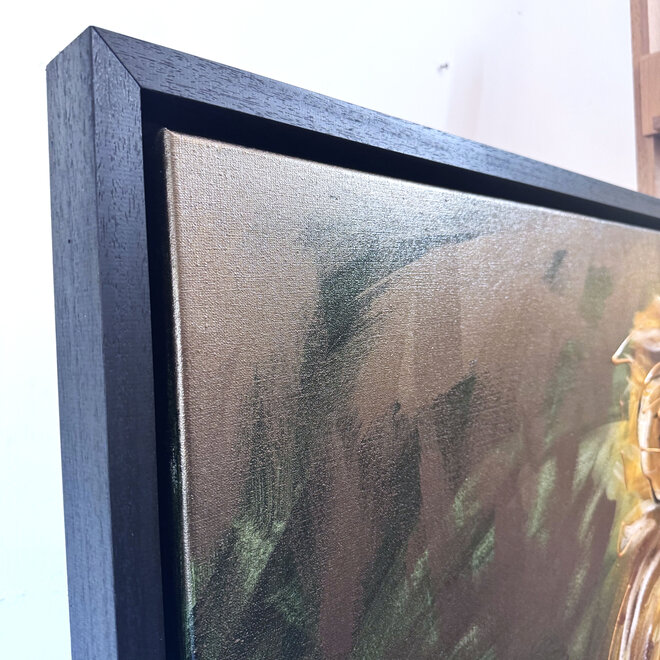 Schilderij- 100x150cm - Rick Triest - Gold of the Savanne - Leeuw met groen en brons verf