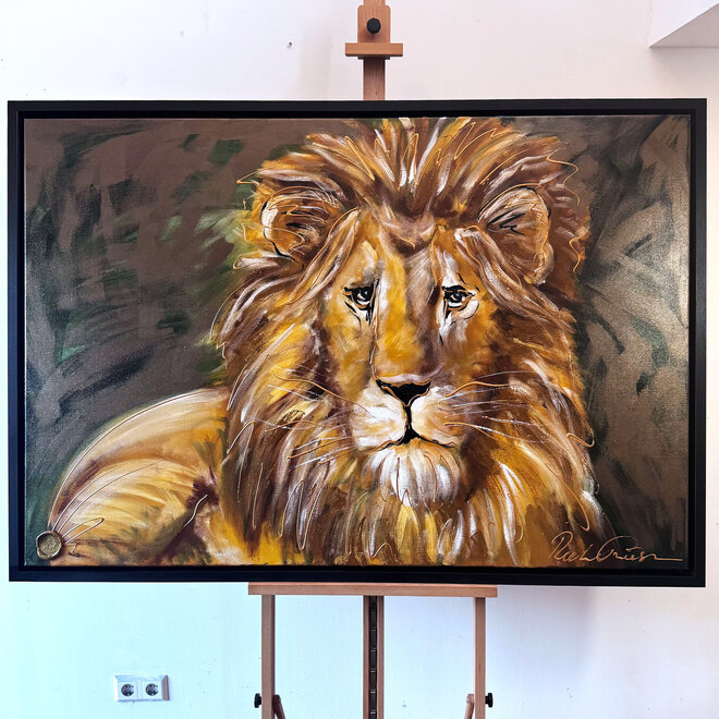 Schilderij- 100x150cm - Gold of the Savanne - Leeuw met groen en brons verf