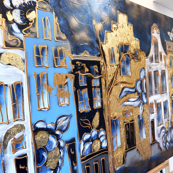Schilderij- 100x150cm - Rick Triest - Amsterdam Herengracht -Gold leaf and delft blue #4
