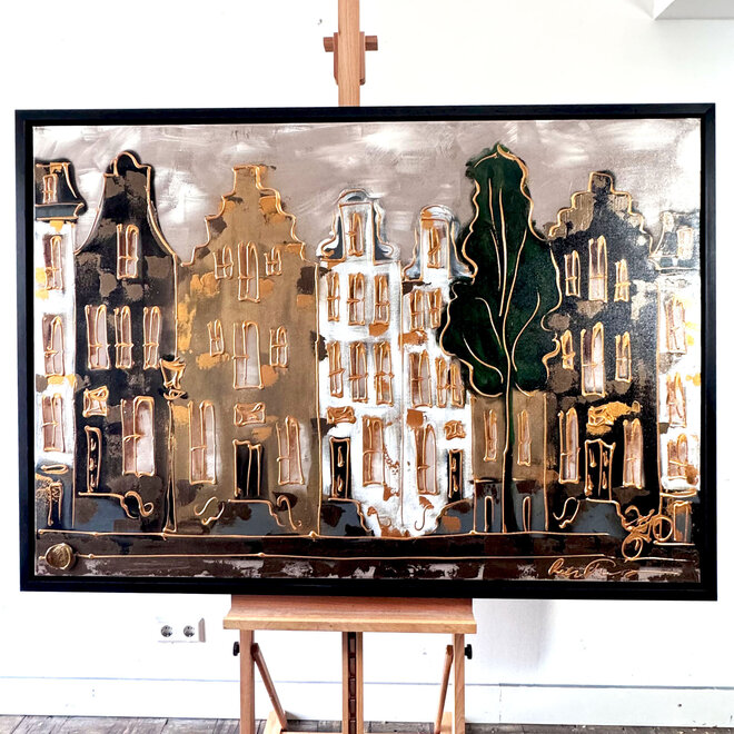 Schilderij- 100x150cm - Rick Triest - Amsterdam LUXURY style - grachten gevels in omber & Gold #4