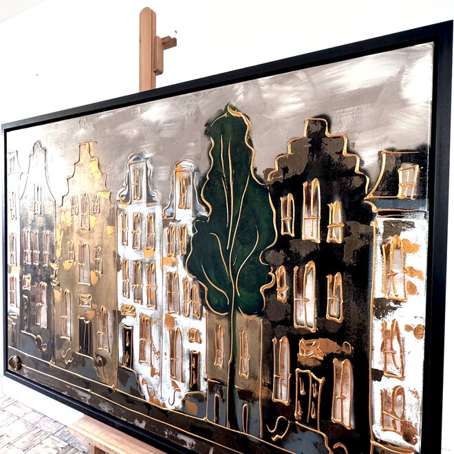 Schilderij- 100x150cm - Rick Triest - Amsterdam LUXURY style - grachten gevels in omber & Gold #4