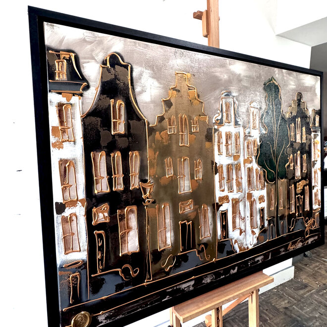 Schilderij- 100x150cm - Rick Triest - Amsterdam LUXURY style - grachten gevels in omber & Gold #4