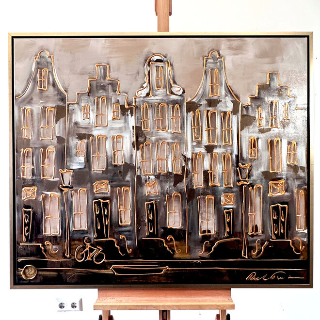 Schilderij- 100x120 - Rick Triest -Amsterdam LUXURY style - grachten gevels in omber & Gold #2