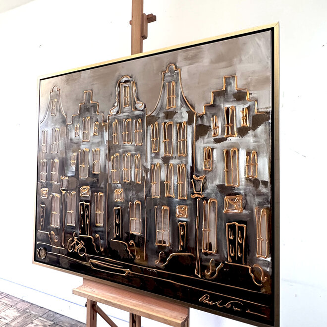 Schilderij- 100x120 - Rick Triest -Amsterdam LUXURY style - grachten gevels in omber & Gold #2