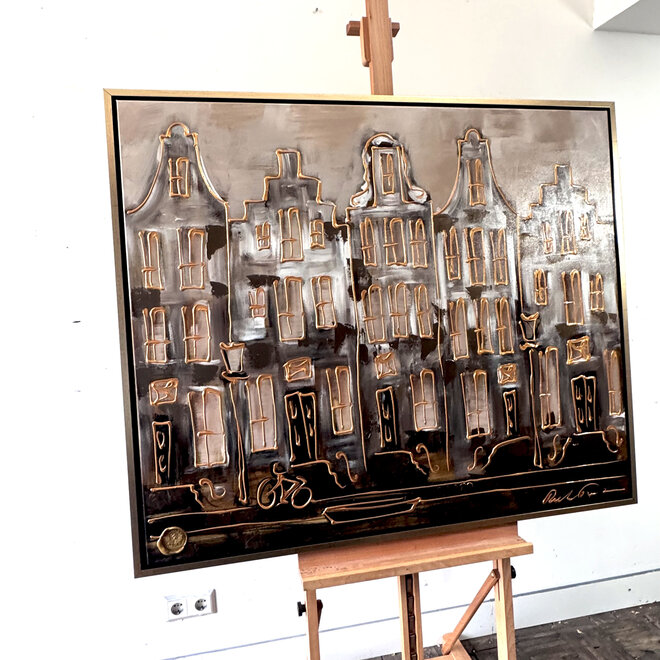 Painting- 100x120 - Rick Triest - Amsterdam LUXURY style - grachten gevels in omber & Gold #2